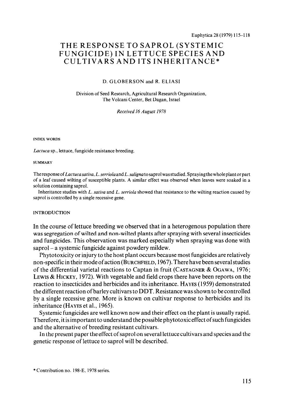 The response to saprol (systemic fungicide) in lettuce species and cultivars and its inheritance by Unknown