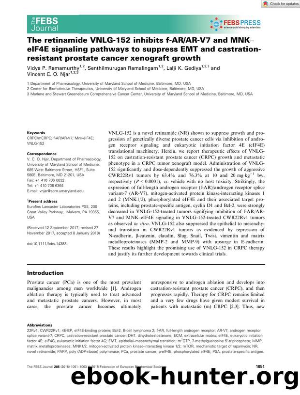 The retinamide VNLGâ152 inhibits fâARARâV7 and MNKâeIF4E signaling pathways to suppress EMT and castrationâresistant prostate cancer xenograft growth by Unknown
