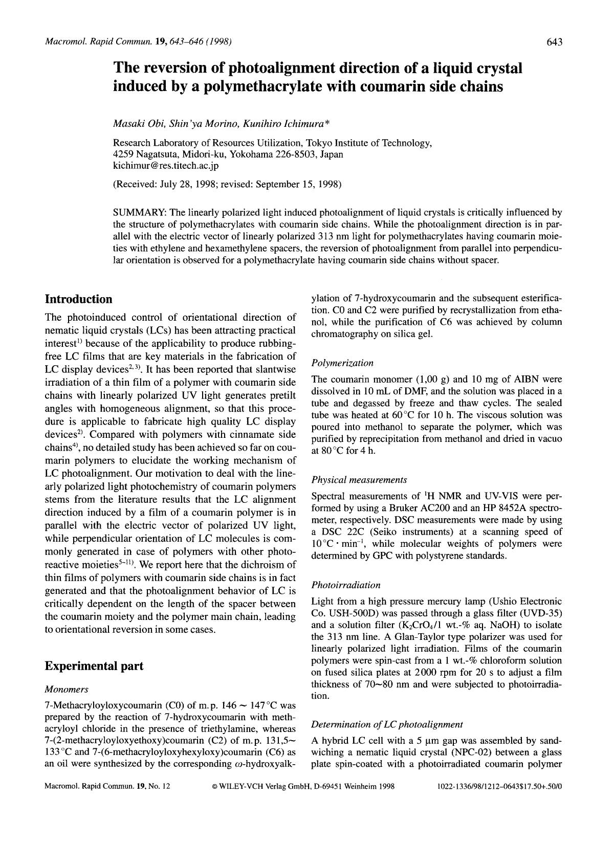 The reversion of photoalignment direction of a liquid crystal induced by a polymethacrylate with coumarin side chains by Unknown