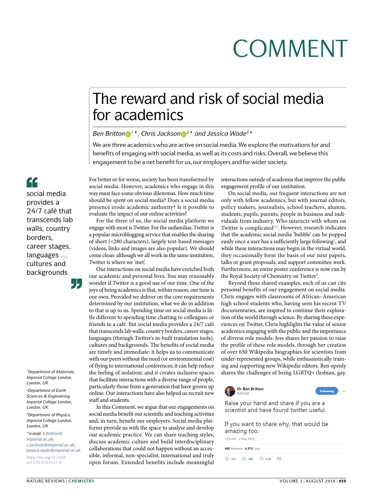 The reward and risk of social media for academics by Ben Britton & Chris Jackson & Jessica Wade