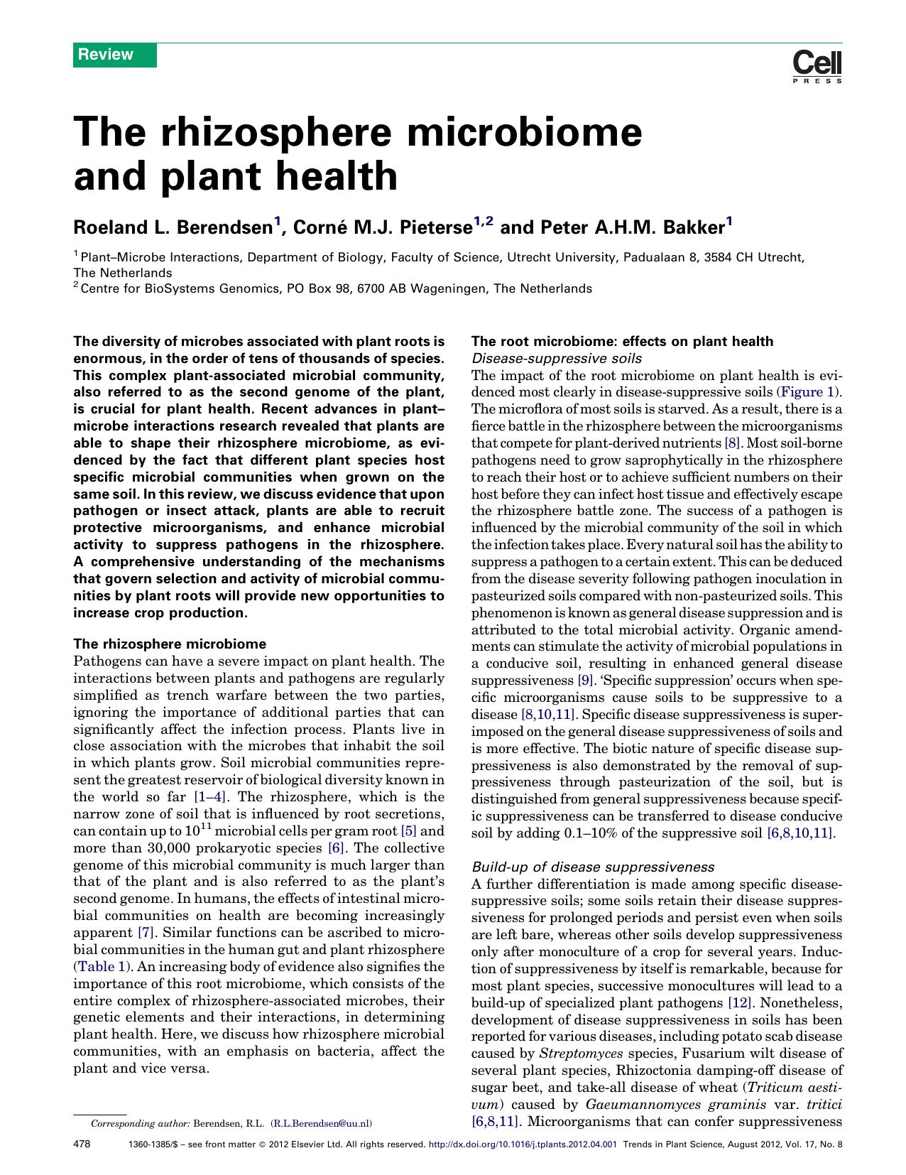 The rhizosphere microbiome and plant health by Roeland L. Berendsen & Corné M.J. Pieterse & Peter A.H.M. Bakker