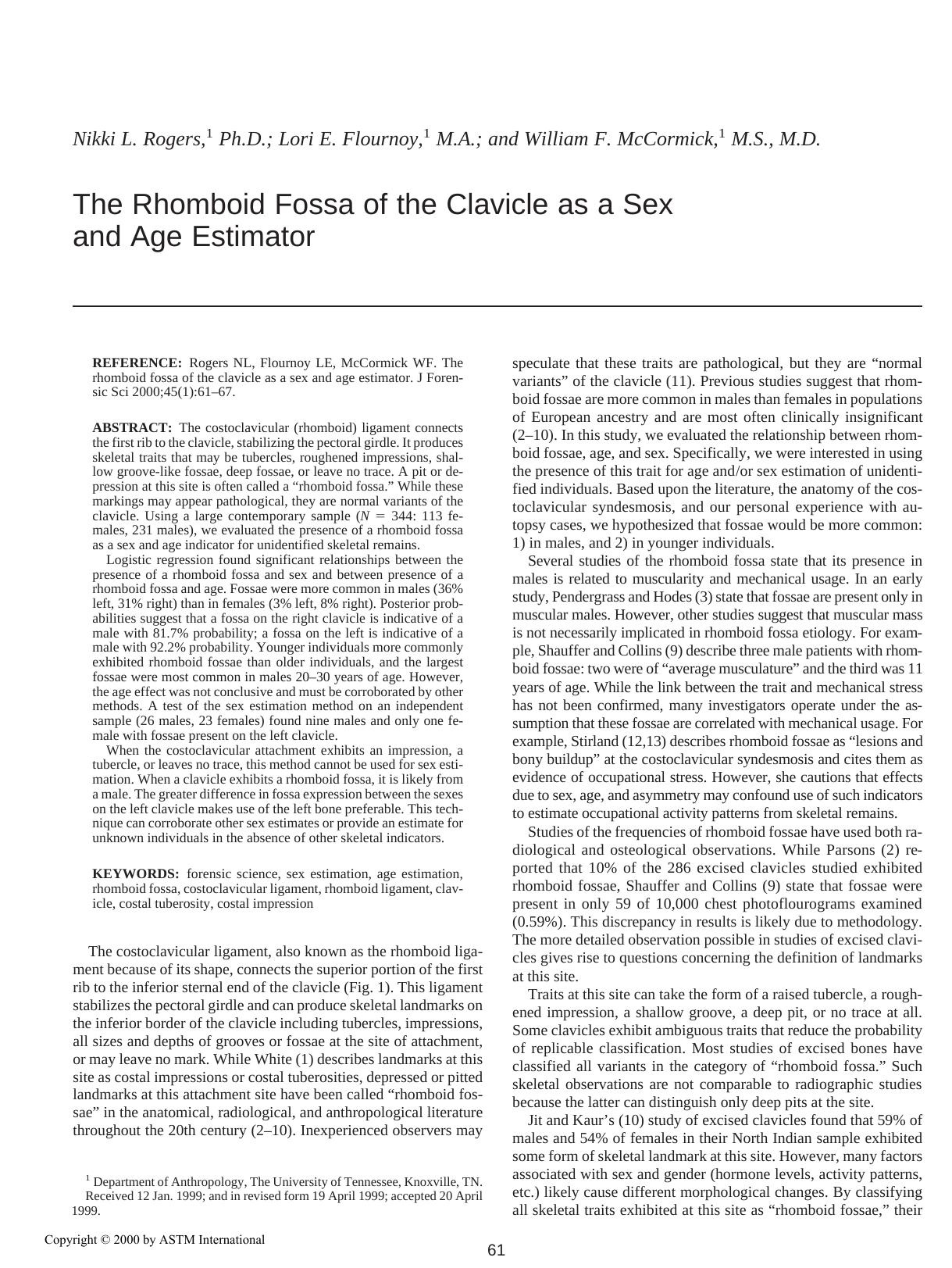 The rhomboid fossa of the clavicle as a sex and age estimator by Rogers NL Flournoy LE McCormick WF