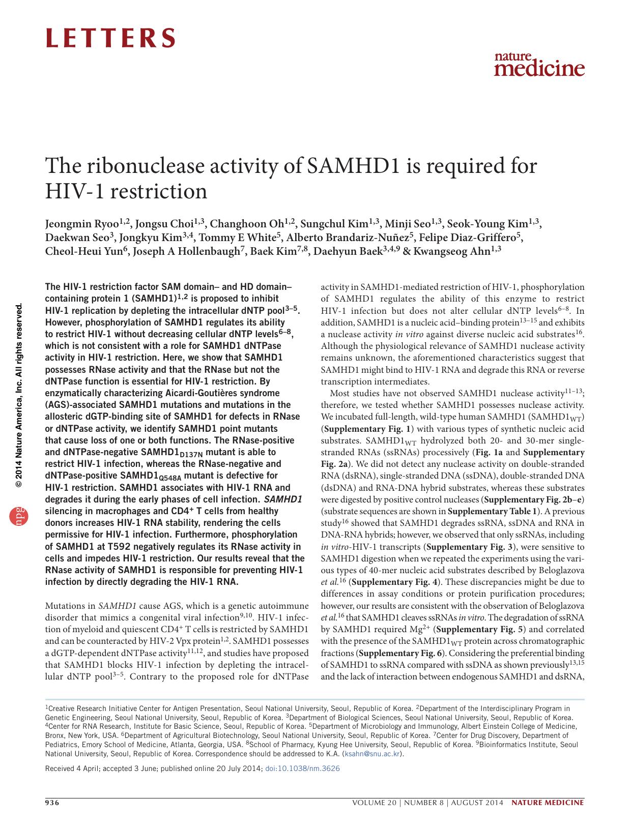 The ribonuclease activity of SAMHD1 is required for HIV-1 restriction by unknow