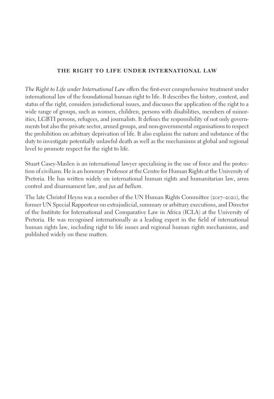 The right to life under international law : an interpretative manual by Stuart Casey-Maslen; Christof Heyns