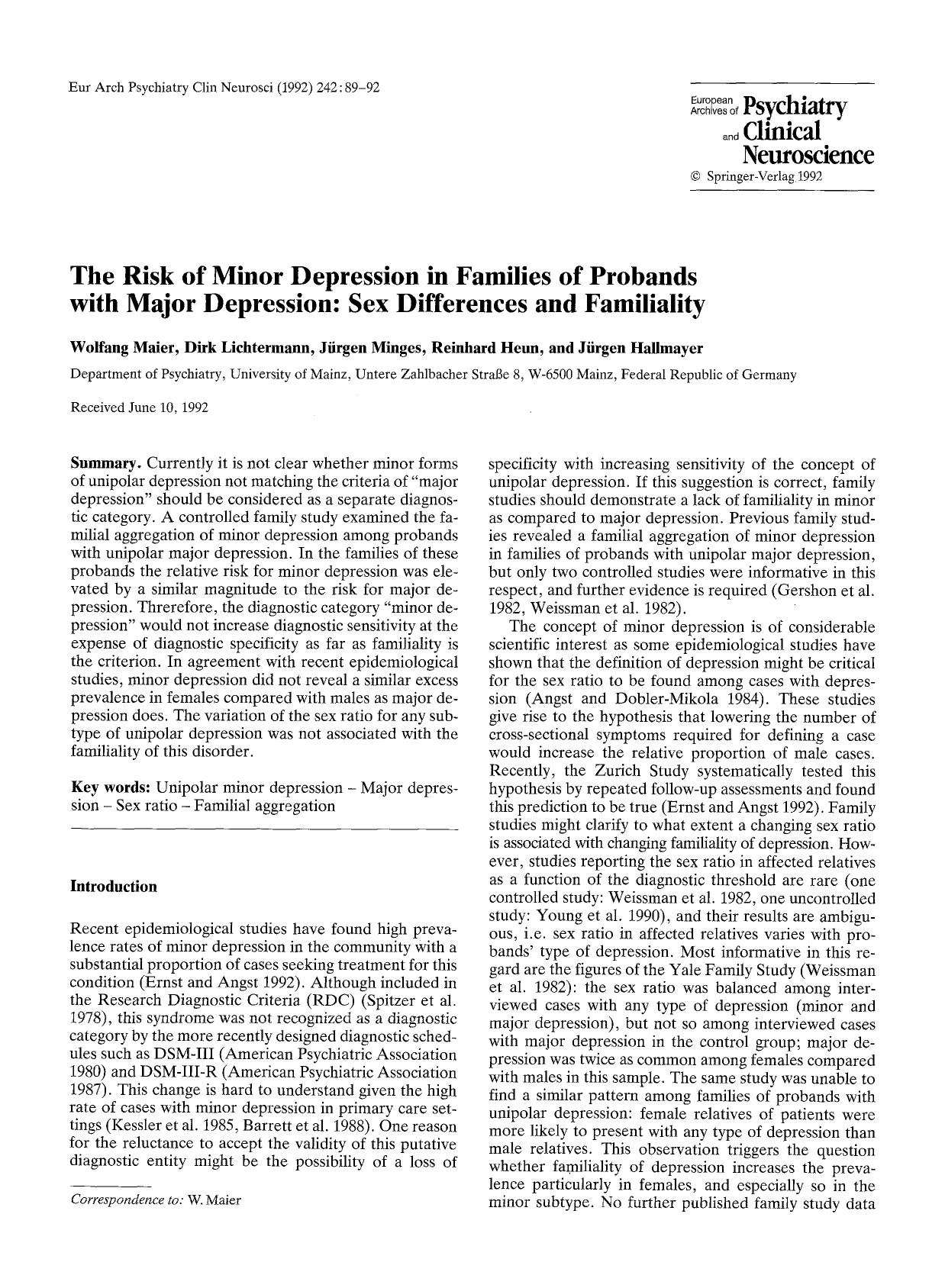 The risk of minor depression in families of probands with major depression: Sex differences and familiality by Unknown