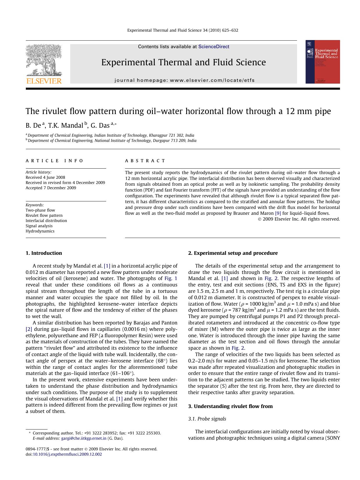 The rivulet flow pattern during oilâwater horizontal flow through a 12mm pipe by B. De; T.K. Mandal; G. Das