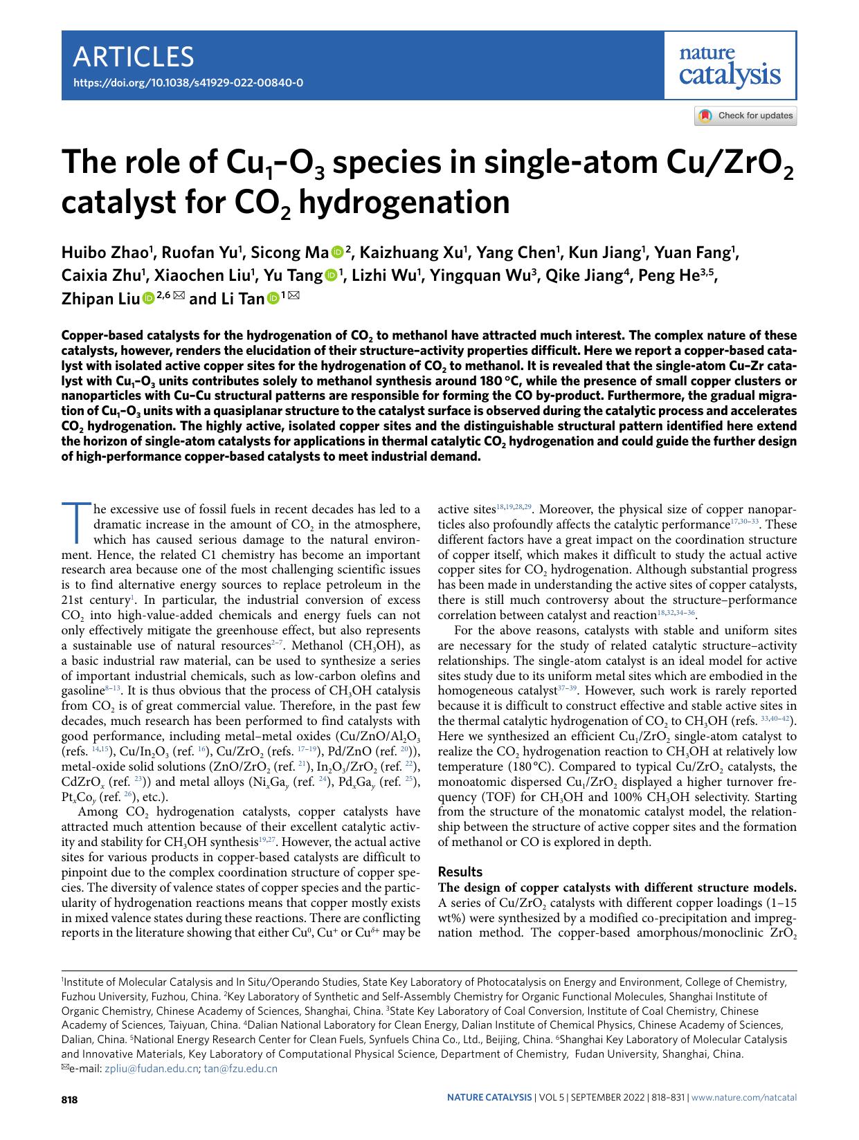 The role of Cu1âO3 species in single-atom CuZrO2 catalyst for CO2 hydrogenation by unknow