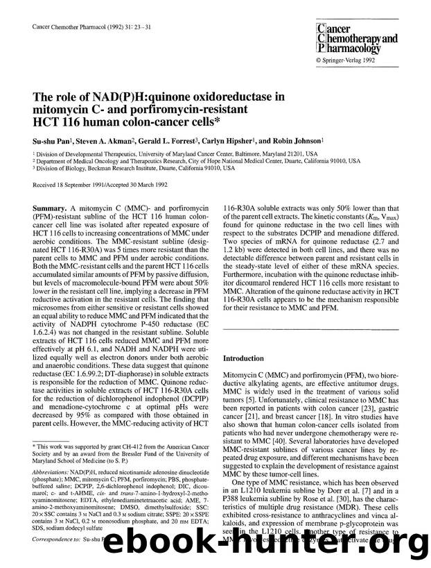 The role of NAD(P)H: quinone oxidoreductase in mitomycin C- and porfiromycin-resistant HCT 116 human colon-cancer cells by Unknown