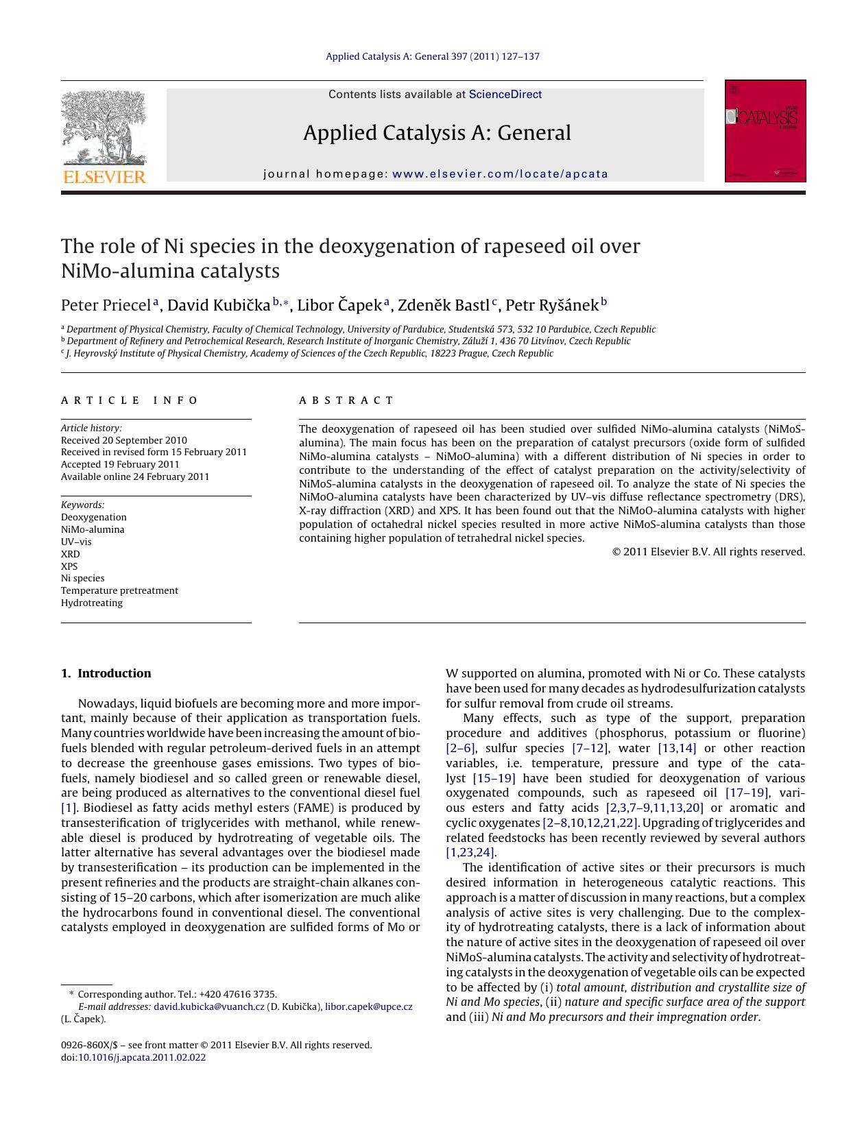 The role of Ni species in the deoxygenation of rapeseed oil over NiMo-alumina catalysts by Peter Priecel & David Kubička & Libor Čapek & Zdeněk Bastl & Petr Ryšánek