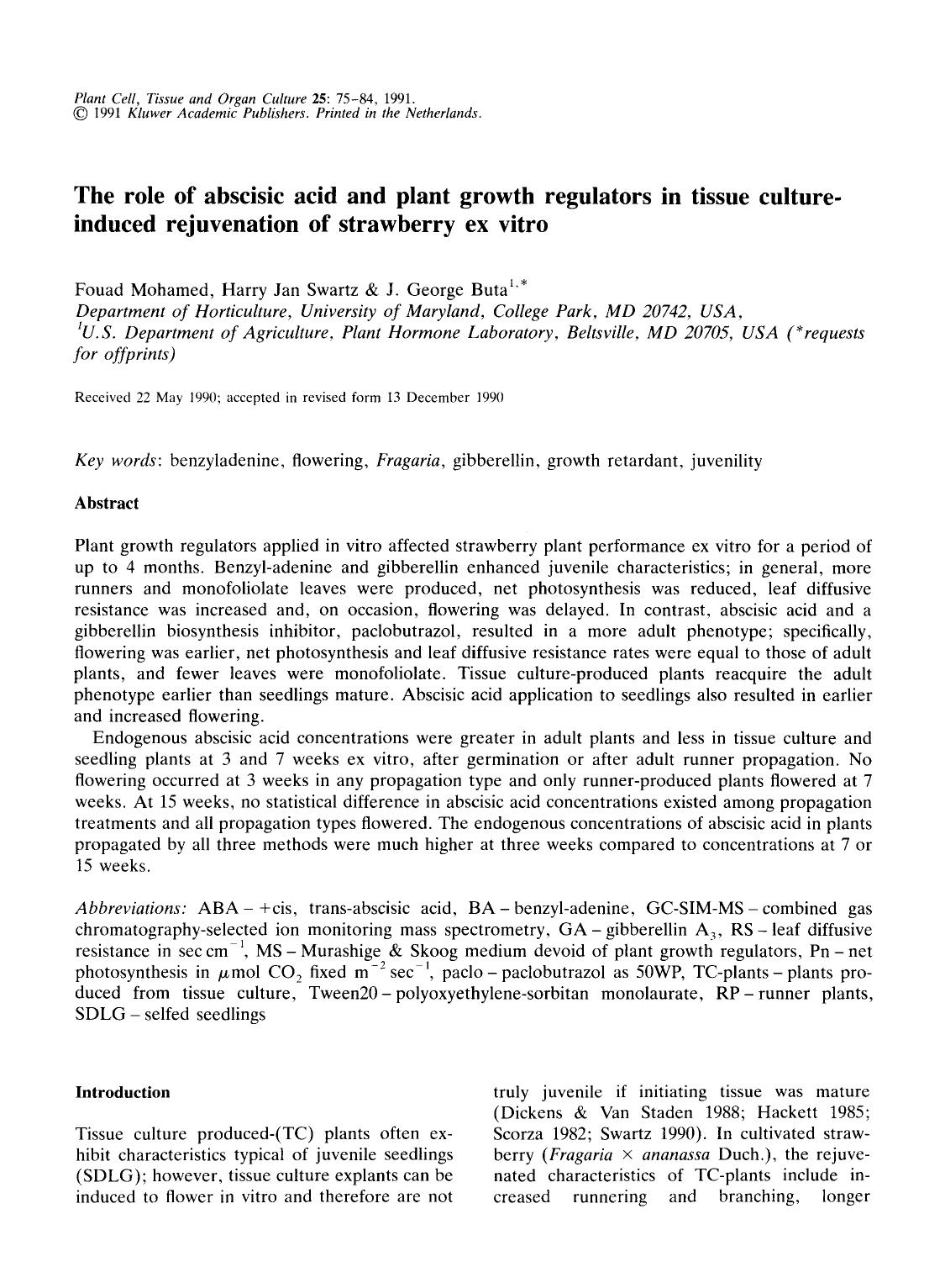 The role of abscisic acid and plant growth regulators in tissue culture-induced rejuvenation of strawberry ex vitro by Unknown