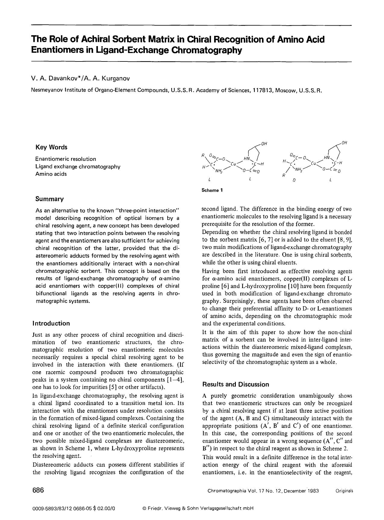 The role of achiral sorbent matrix in chiral recognition of amino acid enantiomers in ligand-exchange chromatography by Unknown