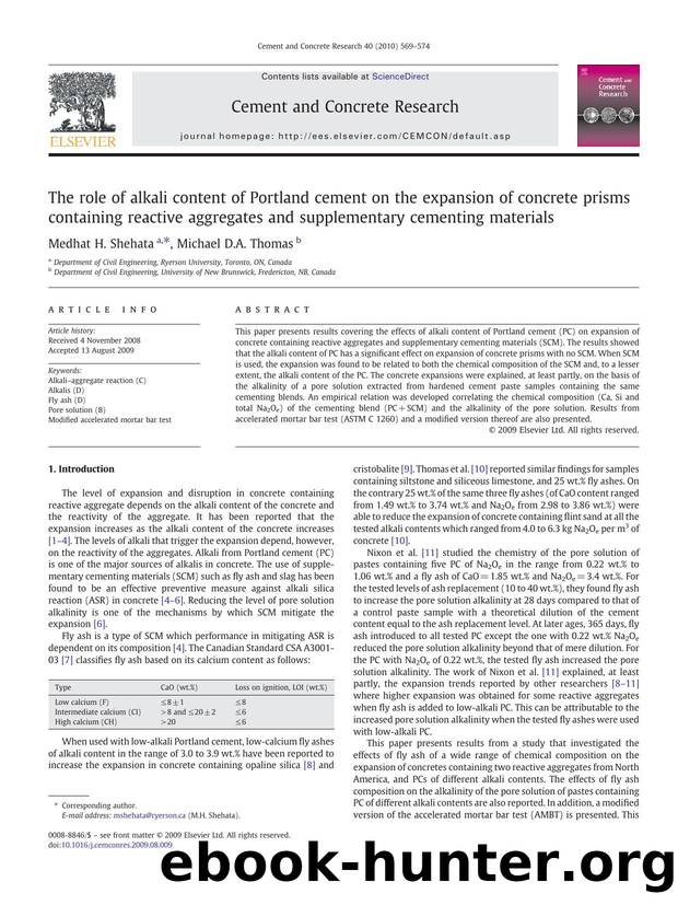 The role of alkali content of Portland cement on the expansion of concrete prisms containing reactive aggregates and supplementary cementing materials by Medhat H. Shehata; Michael D.A. Thomas