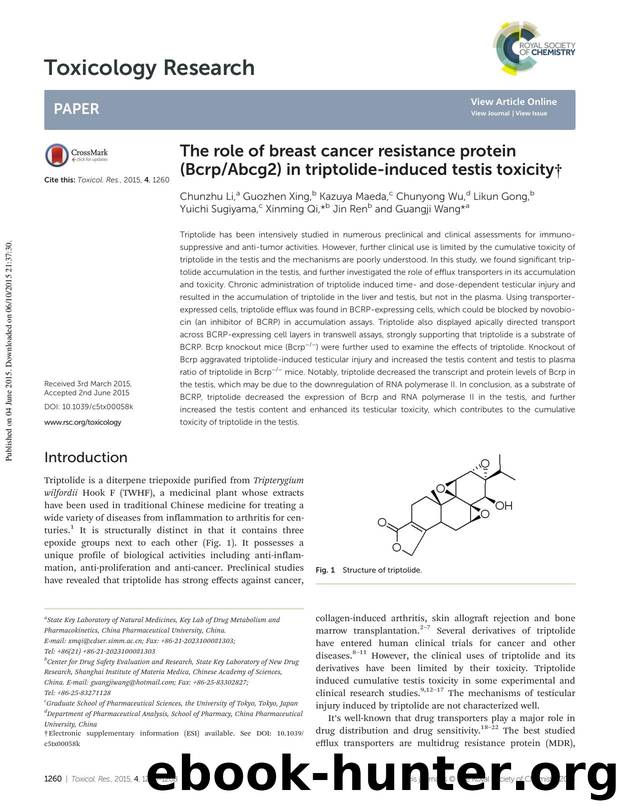The role of breast cancer resistance protein (BcrpAbcg2) in triptolide-induced testis toxicity by unknow