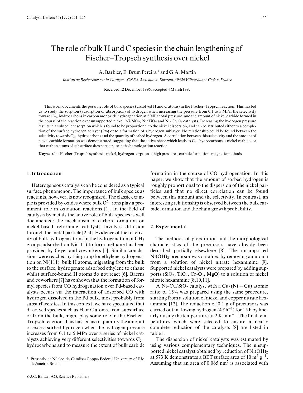 The role of bulk H and C species in the chain lengthening of Fischer-Tropsch synthesis over nickel by Unknown