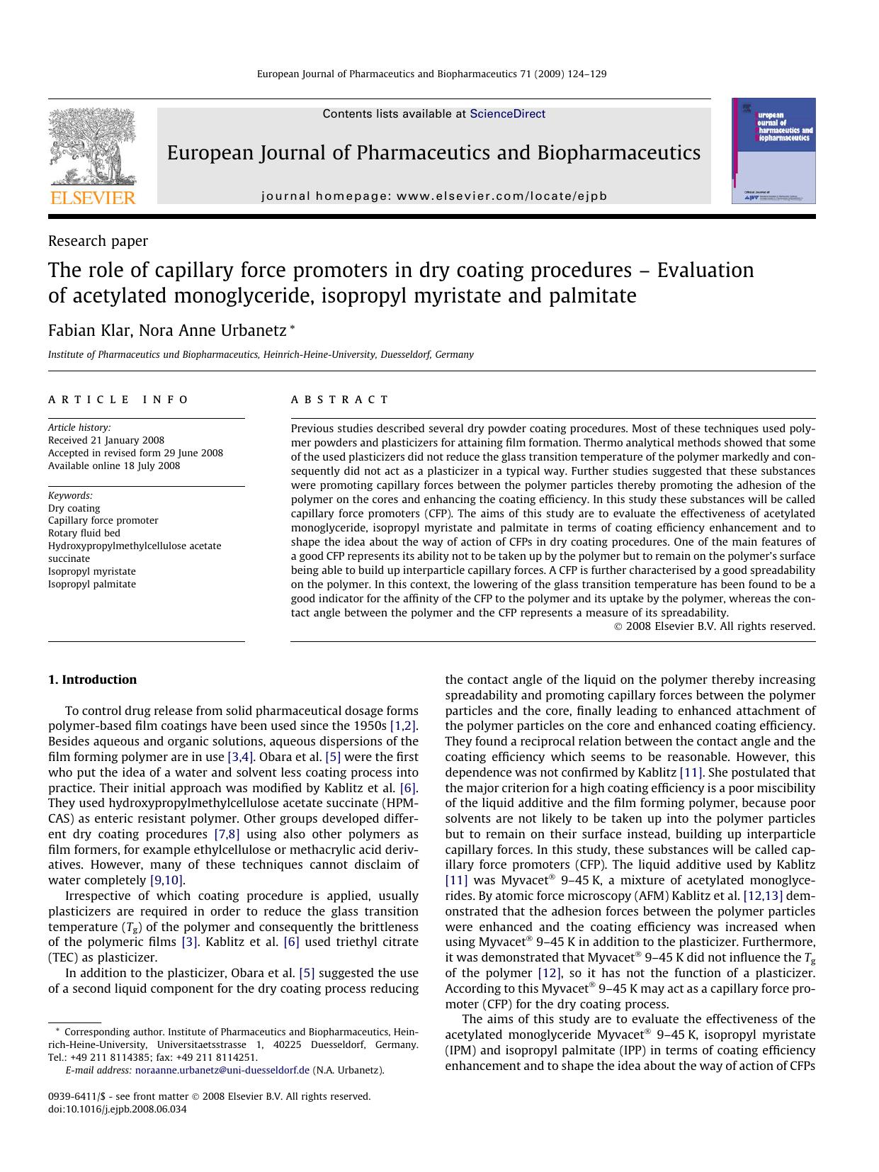 The role of capillary force promoters in dry coating procedures â Evaluation of acetylated monoglyceride, isopropyl myristate and palmitate by Fabian Klar; Nora Anne Urbanetz