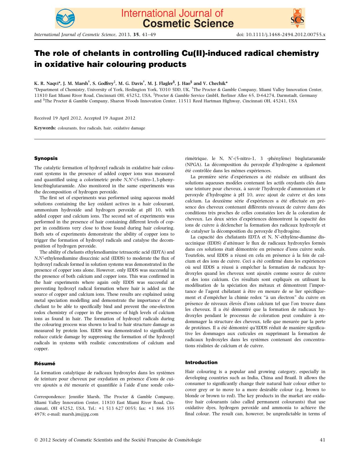 The role of chelants in controlling Cu(II)induced radical chemistry in oxidative hair colouring products by Unknown
