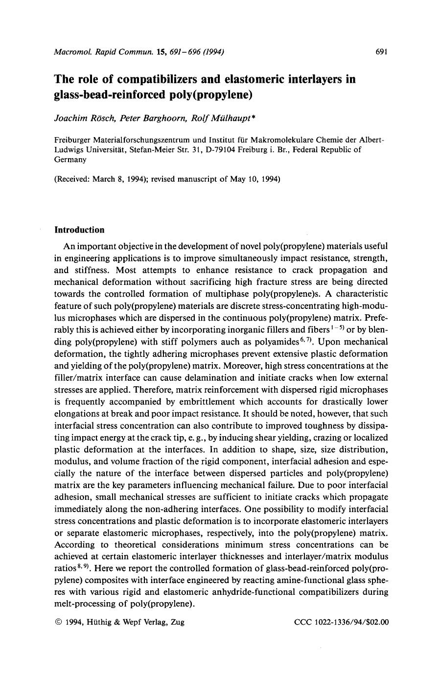 The role of compatibilizers and elastomeric interlayers in glass-bead-reinforced poly(propylene) by Unknown