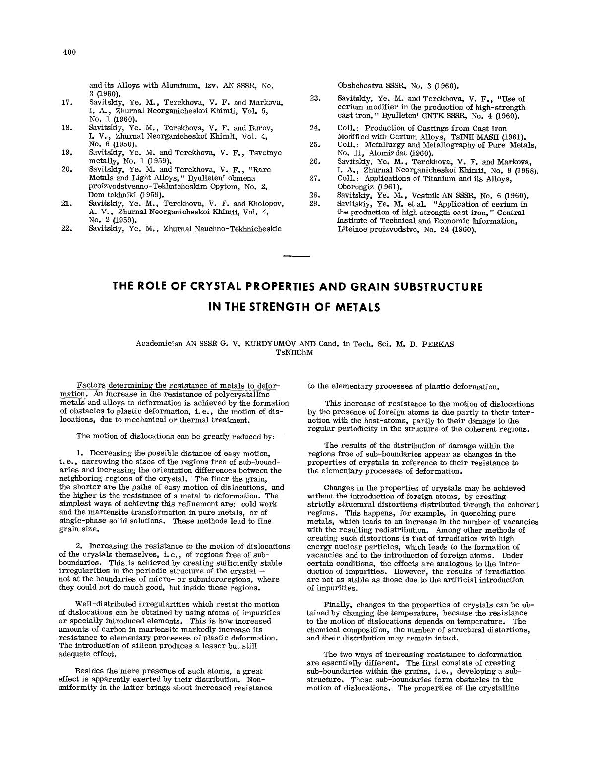 The role of crystal properties and grain substructure in the strength of metals by Unknown
