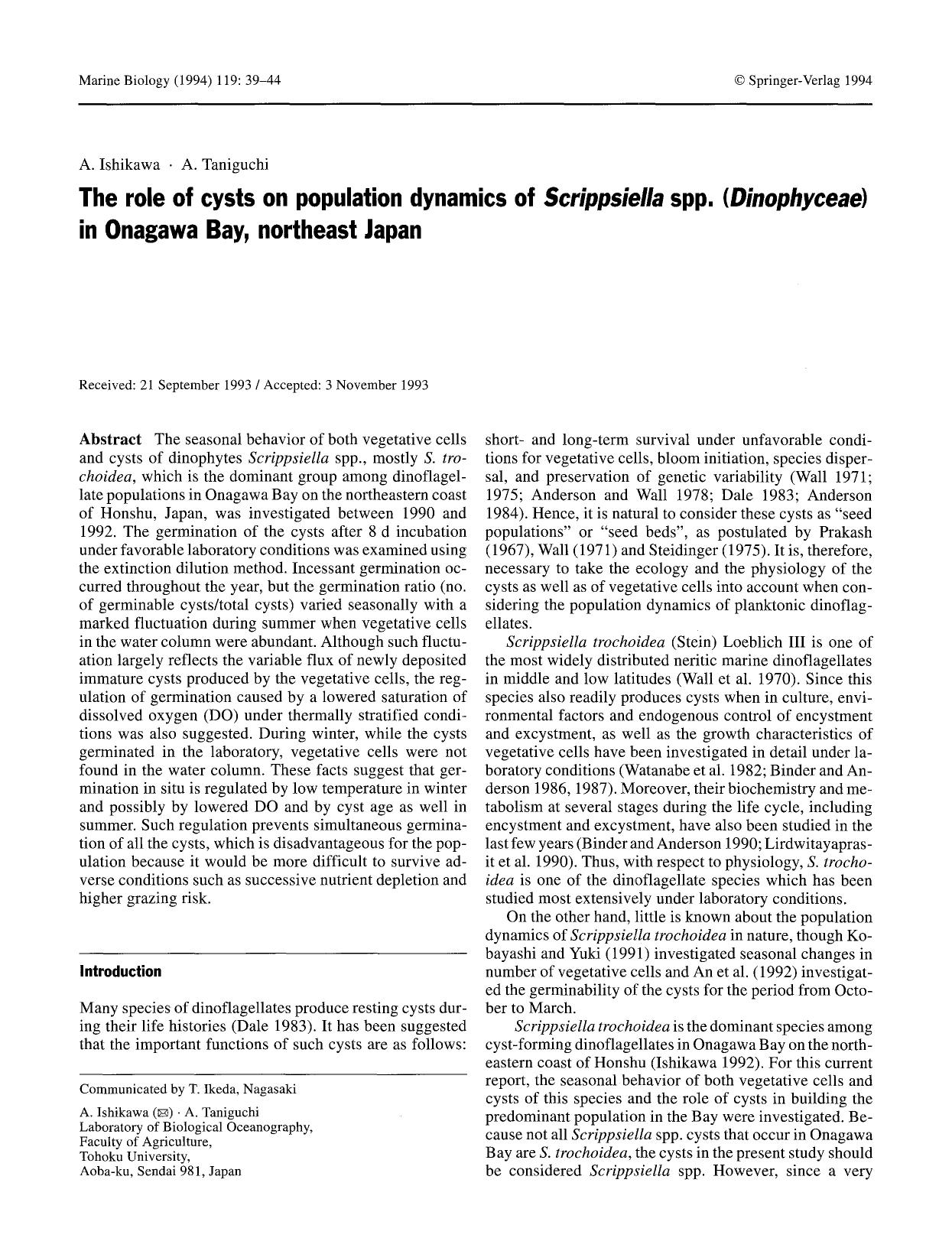 The role of cysts on population dynamics of <Emphasis Type="Italic">Scrippsiella<Emphasis> spp. (<Emphasis Type="Italic">Dinophyceae<Emphasis>) in Onagawa Bay, northeast Japan by Unknown