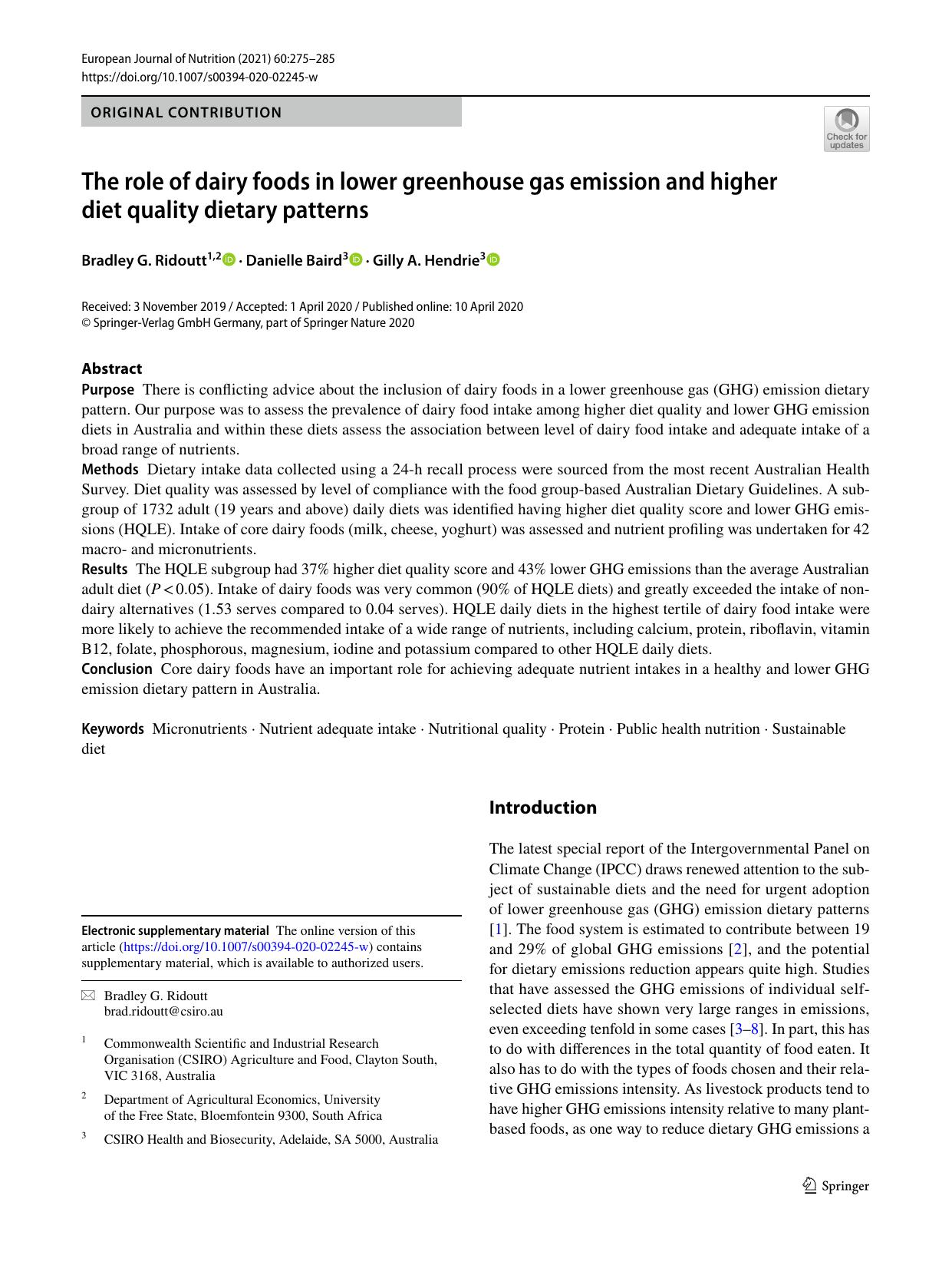 The role of dairy foods in lower greenhouse gas emission and higher diet quality dietary patterns by Bradley G. Ridoutt & Danielle Baird & Gilly A. Hendrie