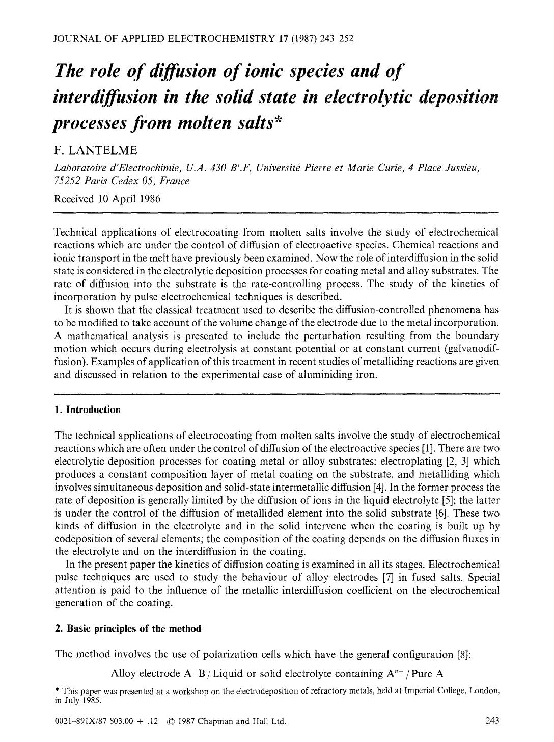 The role of diffusion of ionic species and of interdiffusion in the solid state in electrolytic deposition processes from molten salts by Unknown