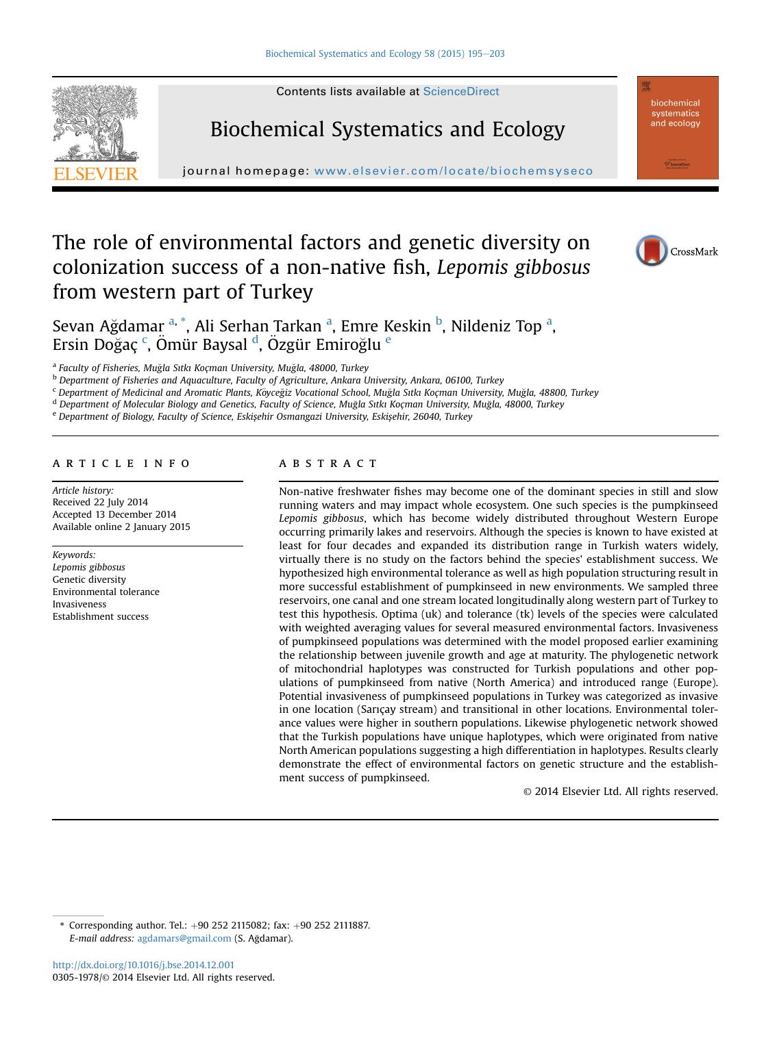 The role of environmental factors and genetic diversity on colonization success of a non-native fish, Lepomis gibbosus from western part of Turkey by unknow