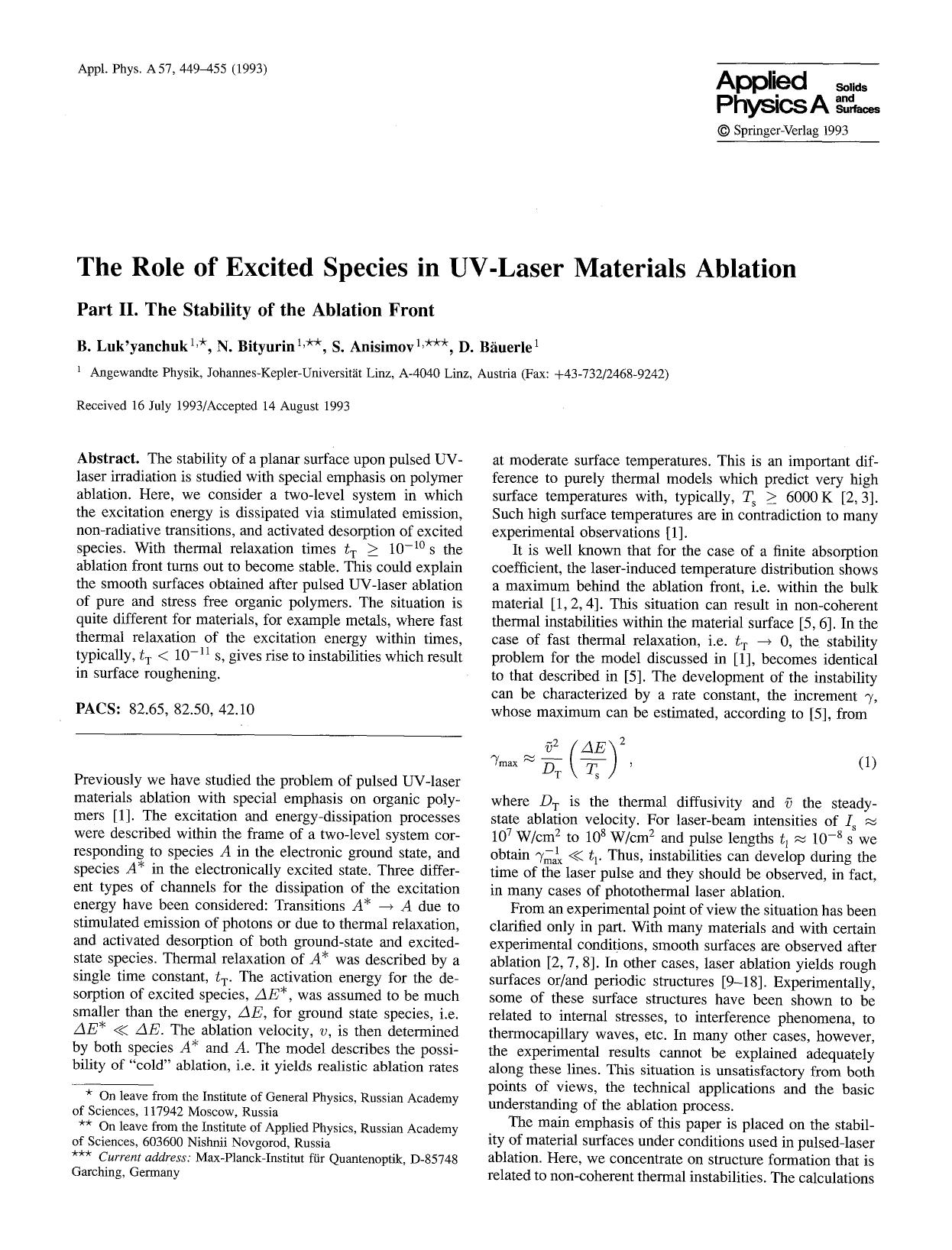 The role of excited species in UV-laser materials ablation by Unknown
