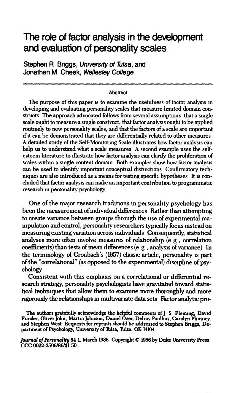 The role of factor analysis in the development and evaluation of personality scales by Briggs Stephen R. Cheek Jonathan M