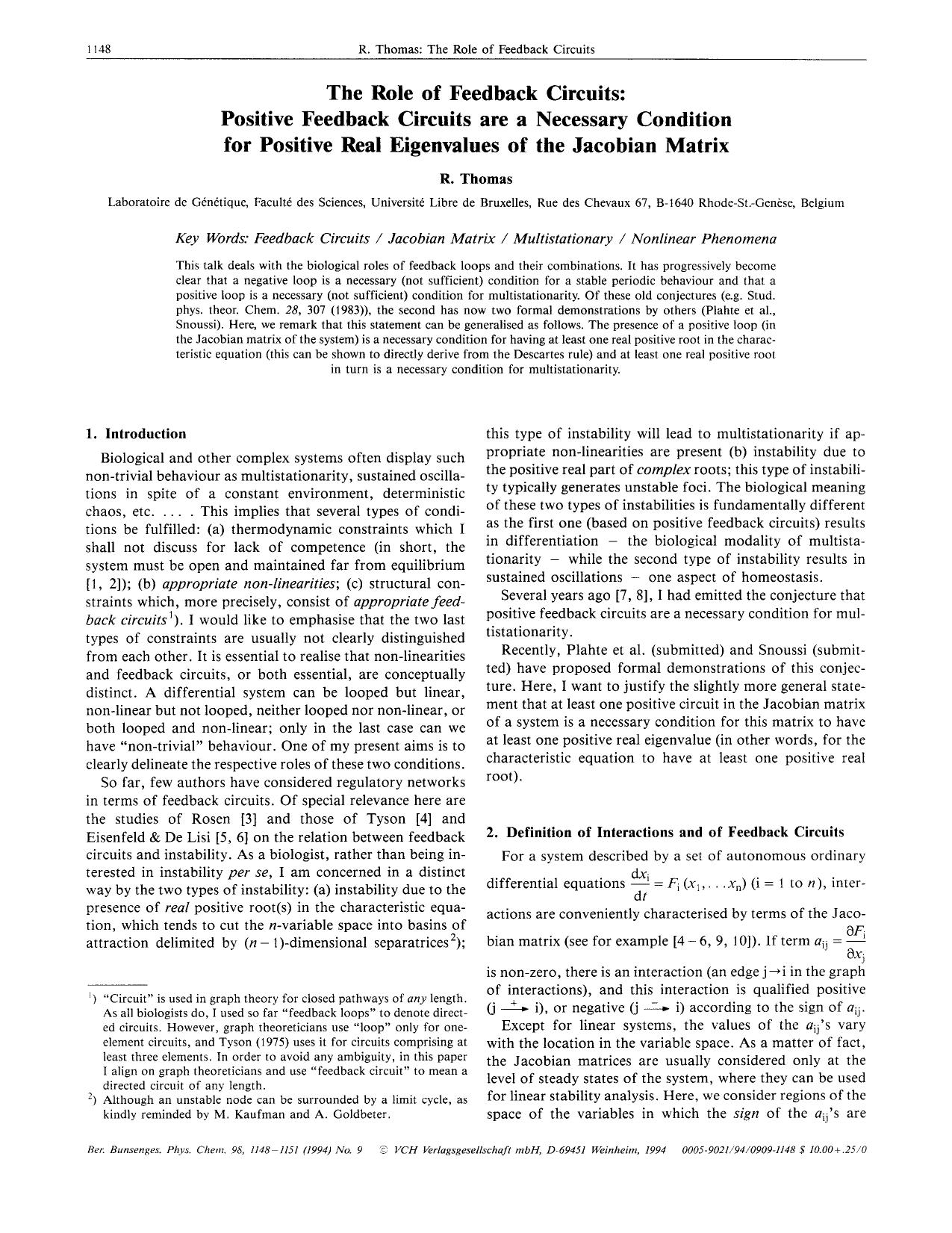 The role of feedback circuits: Positive feedback circuits are a necessary condition for positive real eigenvalues of the Jacobian matrix by Unknown