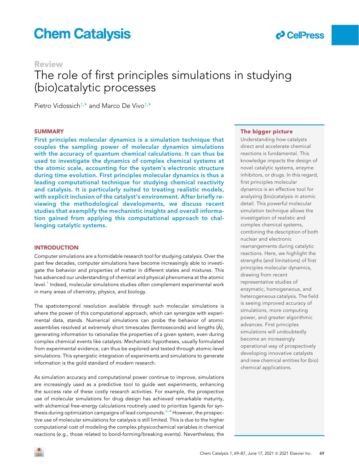The role of first principles simulations in studying (bio)catalytic processes by Pietro Vidossich