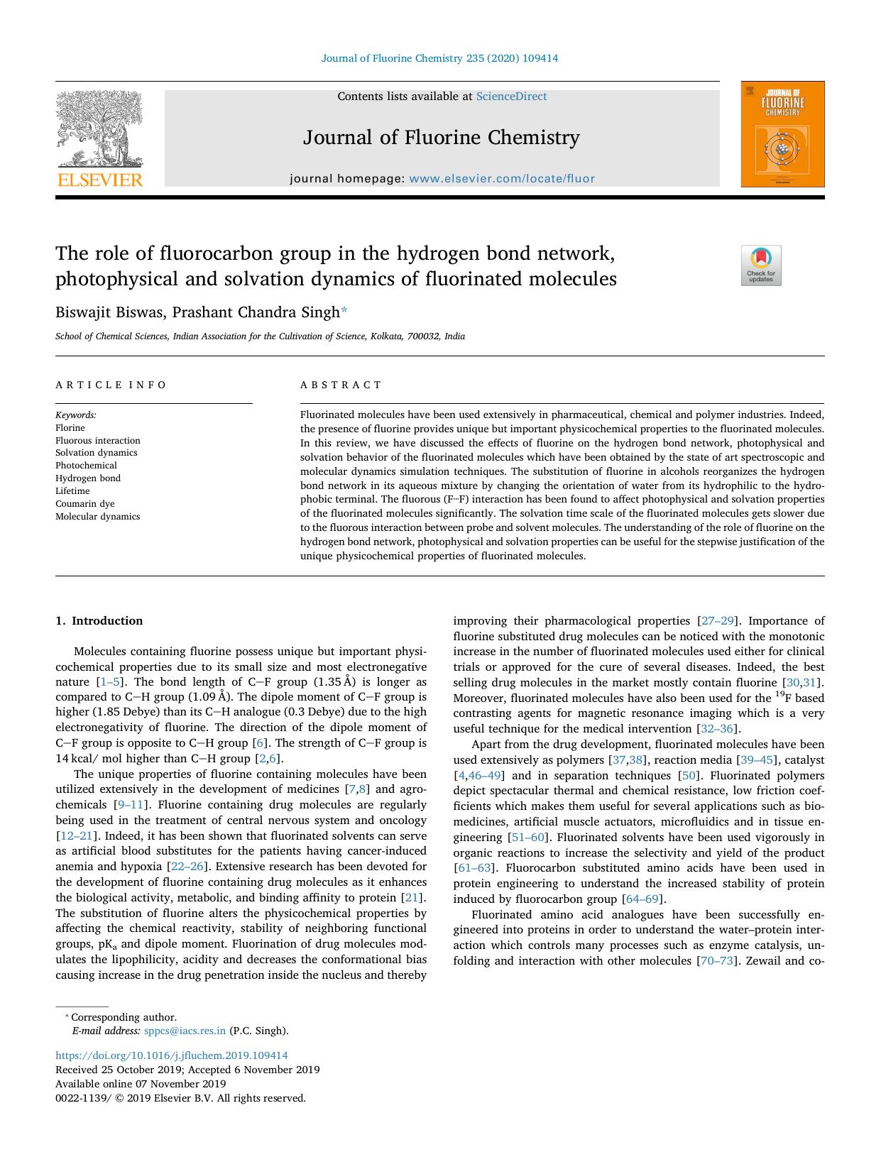The role of fluorocarbon group in the hydrogen bond network, photophysical and solvation dynamics of fluorinated molecules by Biswajit Biswas & Prashant Chandra Singh