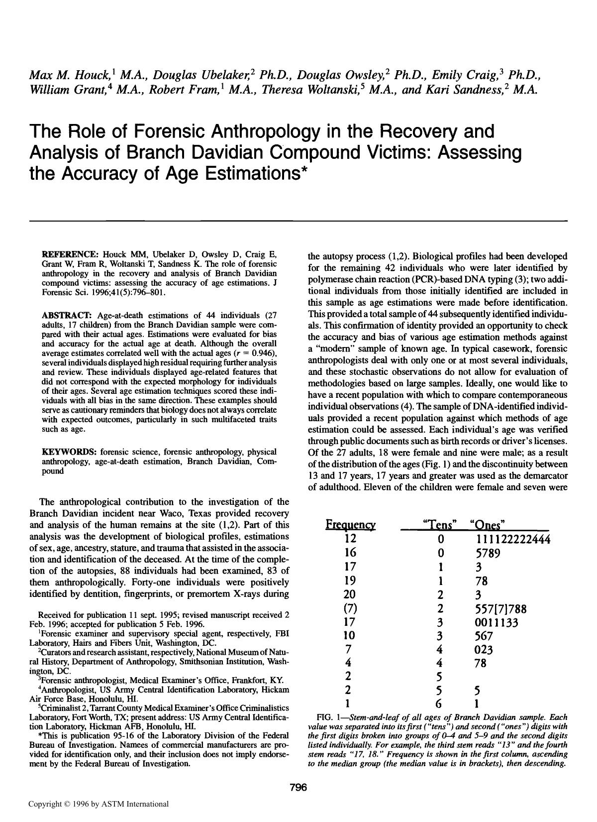 The role of forensic anthropology in the recovery and analysis of Branch Davidian compound victims: assessing the accuracy of age estimations by Houck MM Ubelaker D Owsley D Craig E Grant W Fram R Woltanski T Sandness K