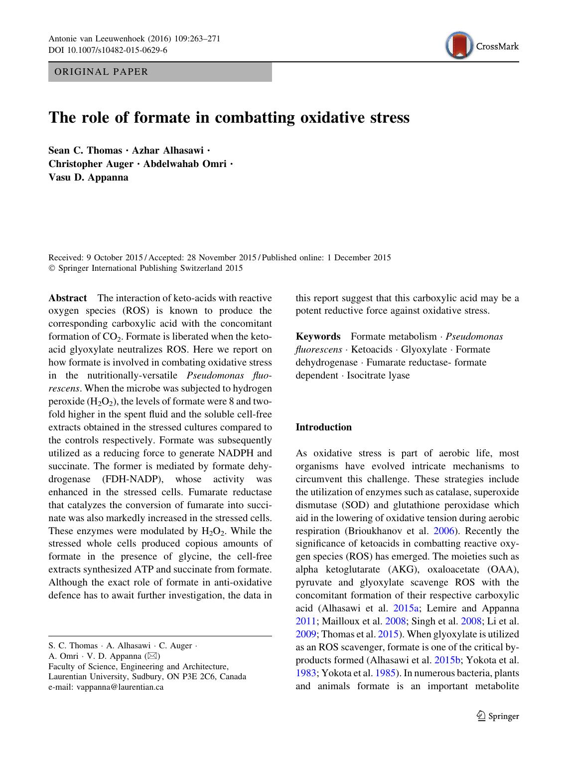 The role of formate in combatting oxidative stress by Sean C. Thomas & Azhar Alhasawi & Christopher Auger & Abdelwahab Omri & Vasu D. Appanna