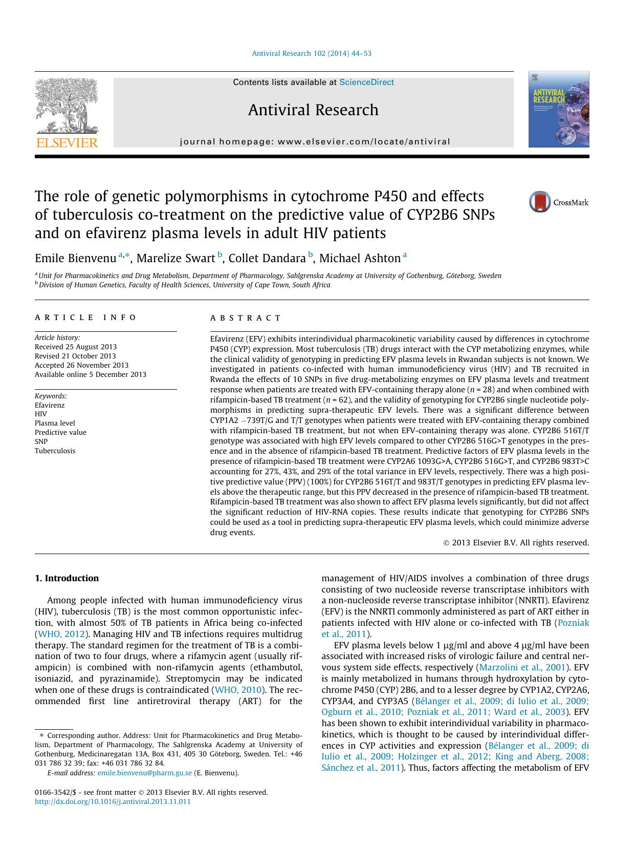 The role of genetic polymorphisms in cytochrome P450 and effects of tuberculosis co-treatment on the predictive value of CYP2B6 SNPs and on efavirenz plasma levels in adult HIV patients by Emile Bienvenu & Marelize Swart & Collet Dandara & Michael Ashton
