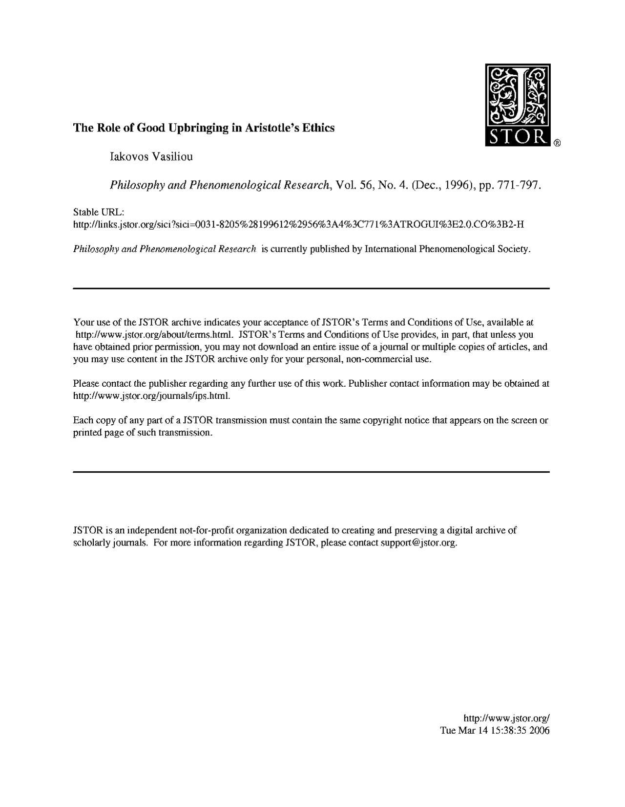 The role of good upbringing in Aristotle's ethics by Vailiou I