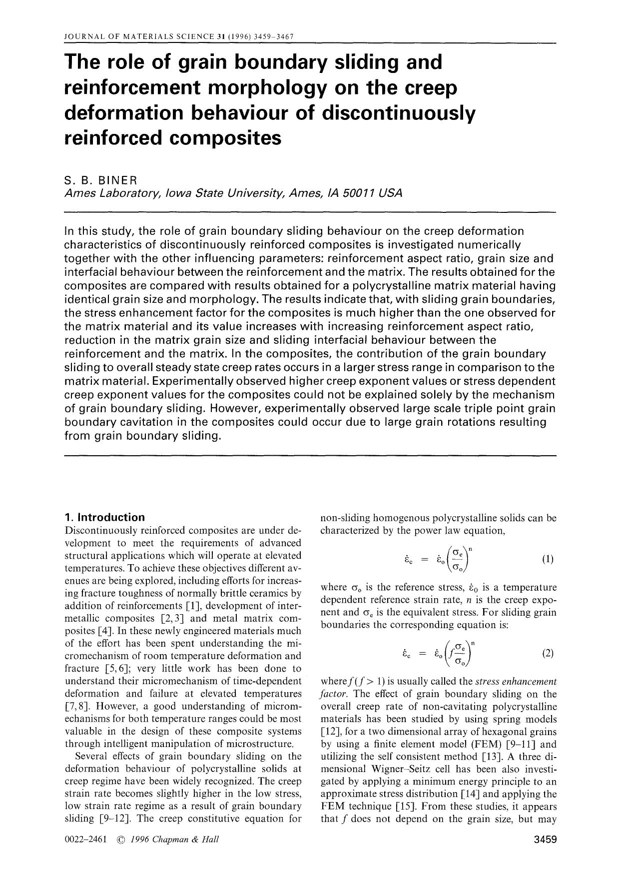The role of grain boundary sliding and reinforcement morphology on the creep deformation behaviour of discontinuously reinforced composites by Unknown