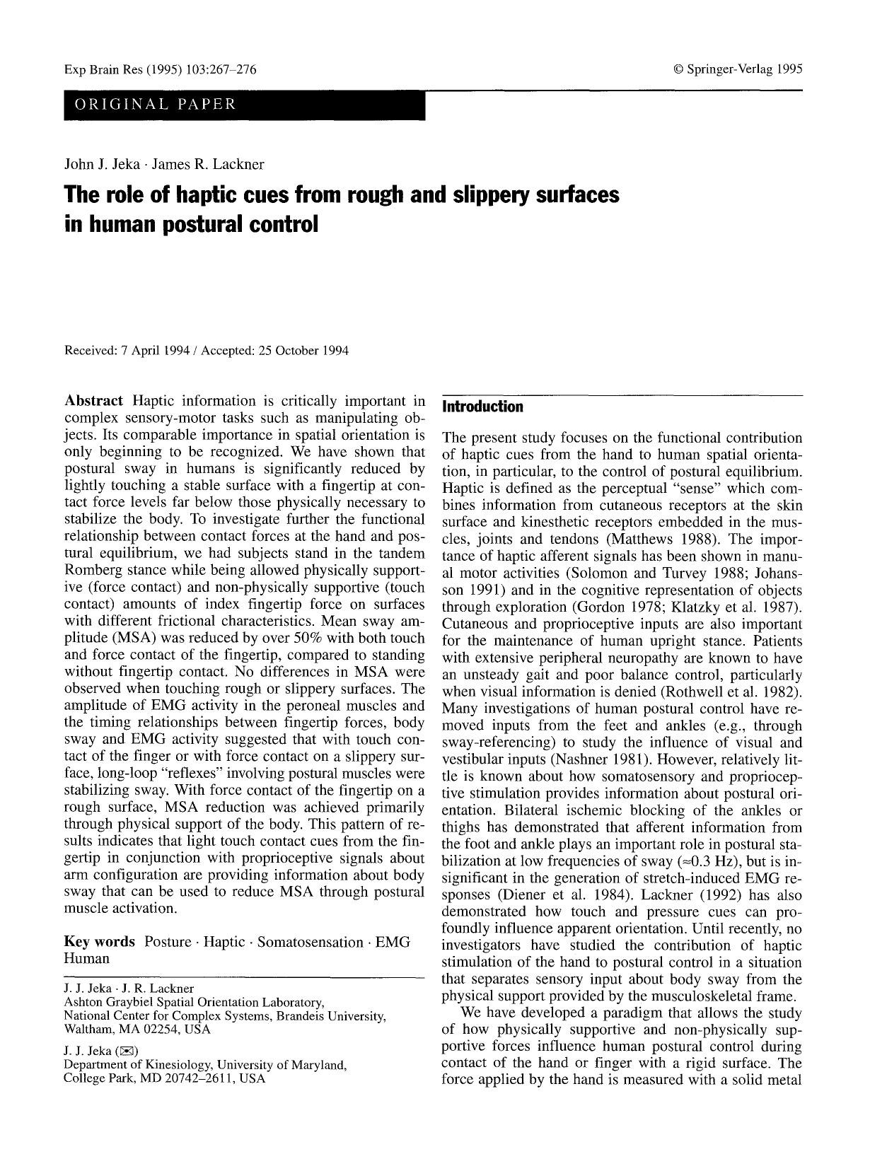 The role of haptic cues from rough and slippery surfaces in human postural control by Unknown