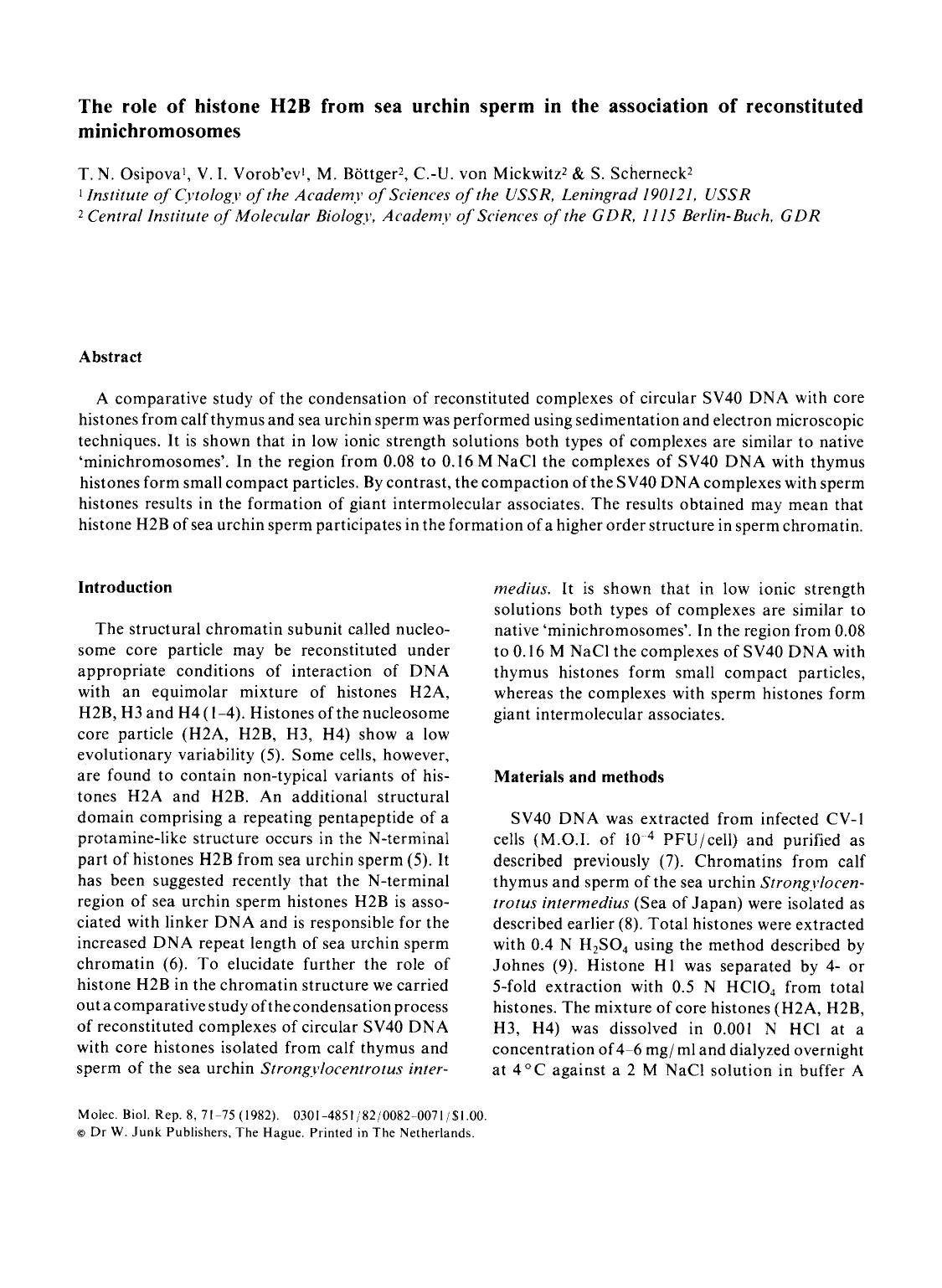 The role of histone H2B from sea urchin sperm in the association of reconstituted minichromosomes by Unknown
