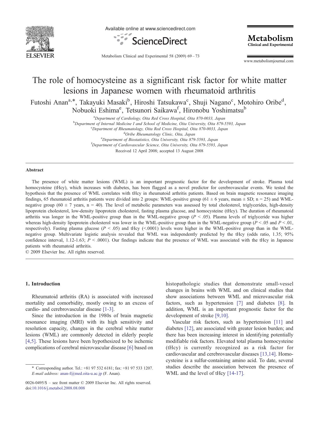 The role of homocysteine as a significant risk factor for white matter lesions in Japanese women with rheumatoid arthritis by unknow