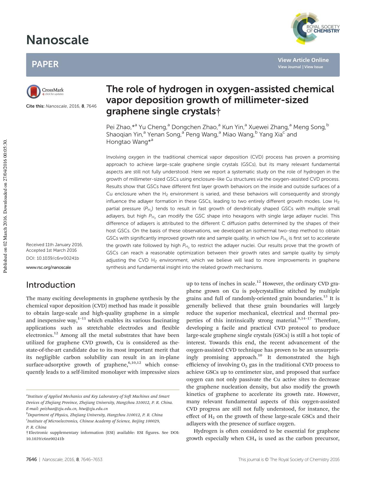 The role of hydrogen in oxygen-assisted chemical vapor deposition growth of millimeter-sized graphene single crystals by unknow