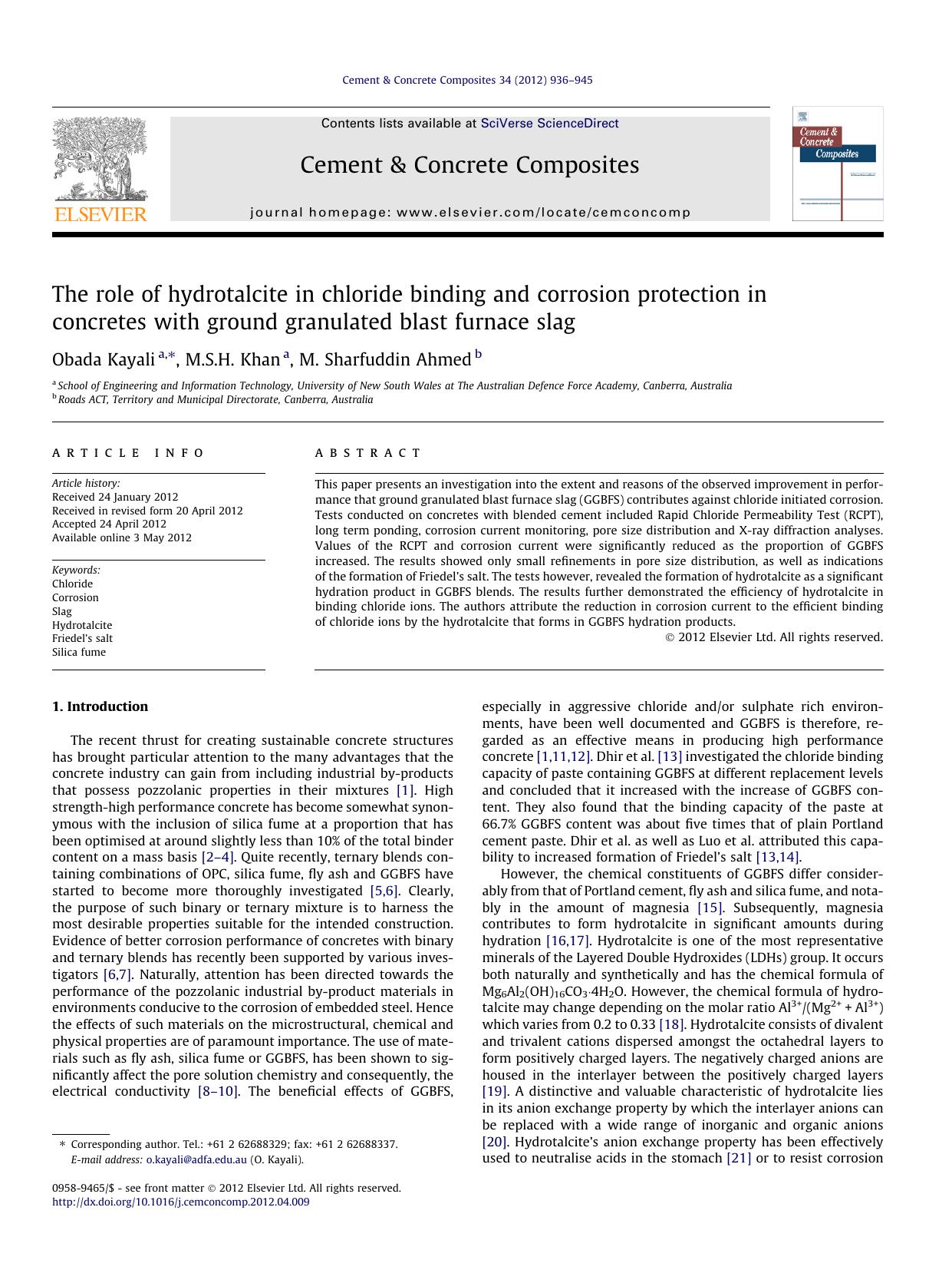 The role of hydrotalcite in chloride binding and corrosion protection in concretes with ground granulated blast furnace slag by Obada Kayali & M.S.H. Khan & M. Sharfuddin Ahmed