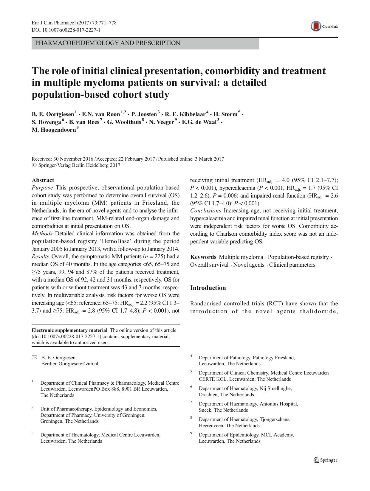 The role of initial clinical presentation, comorbidity and treatment in multiple myeloma patients on survival: a detailed population-based cohort study by unknow