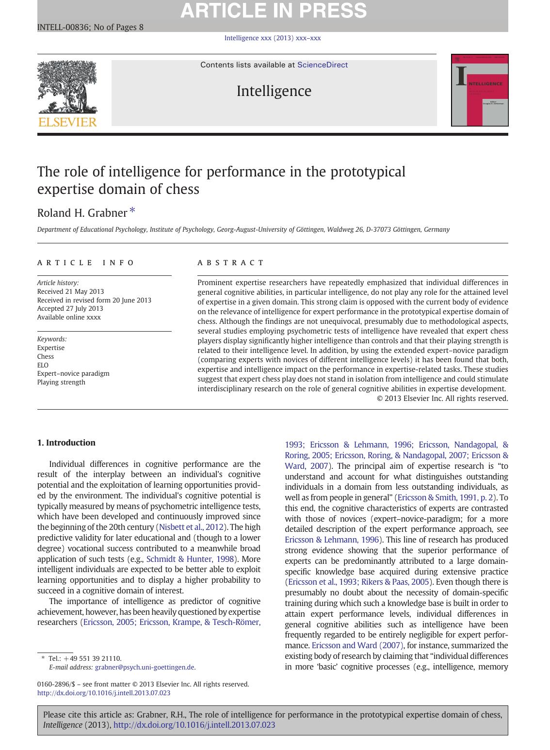 The role of intelligence for performance in the prototypical expertise domain of chess by Roland H. Grabner