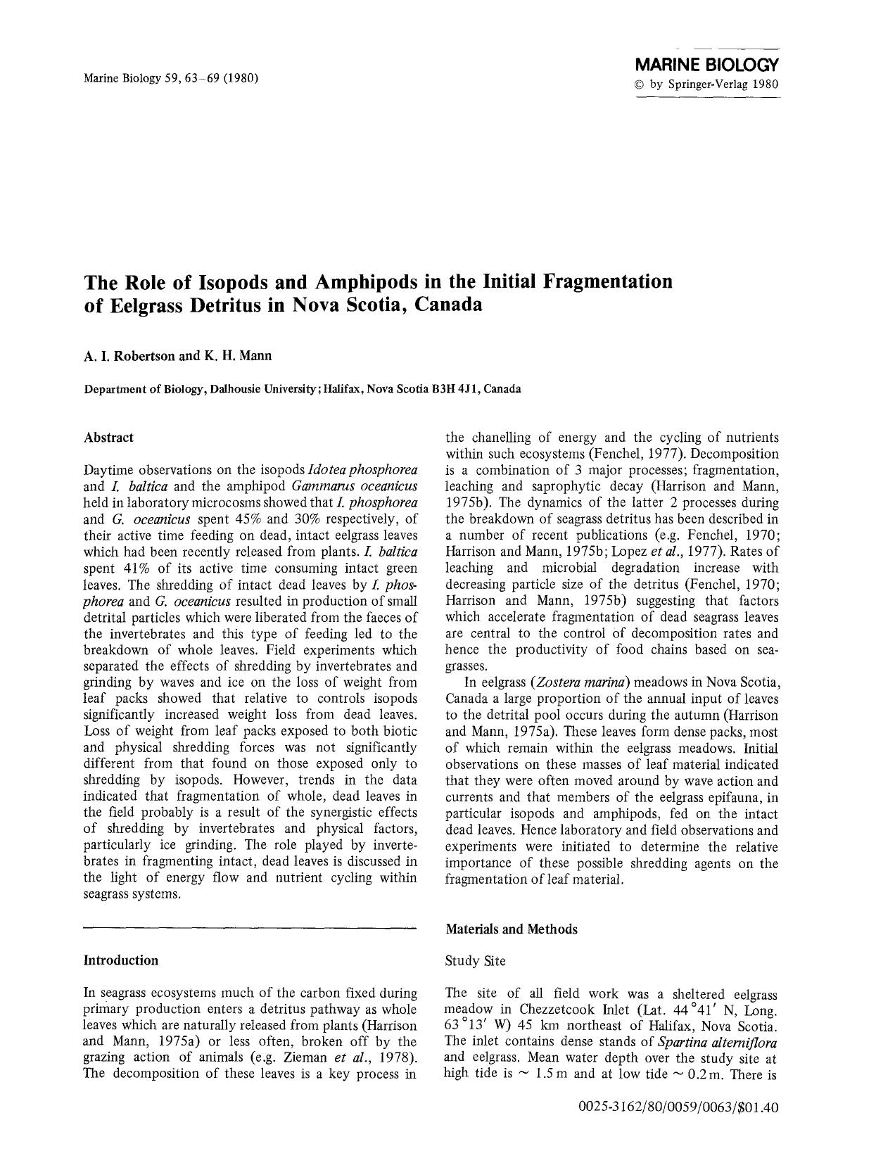 The role of isopods and amphipods in the initial fragmentation of eelgrass detritus in Nova Scotia, Canada by Unknown