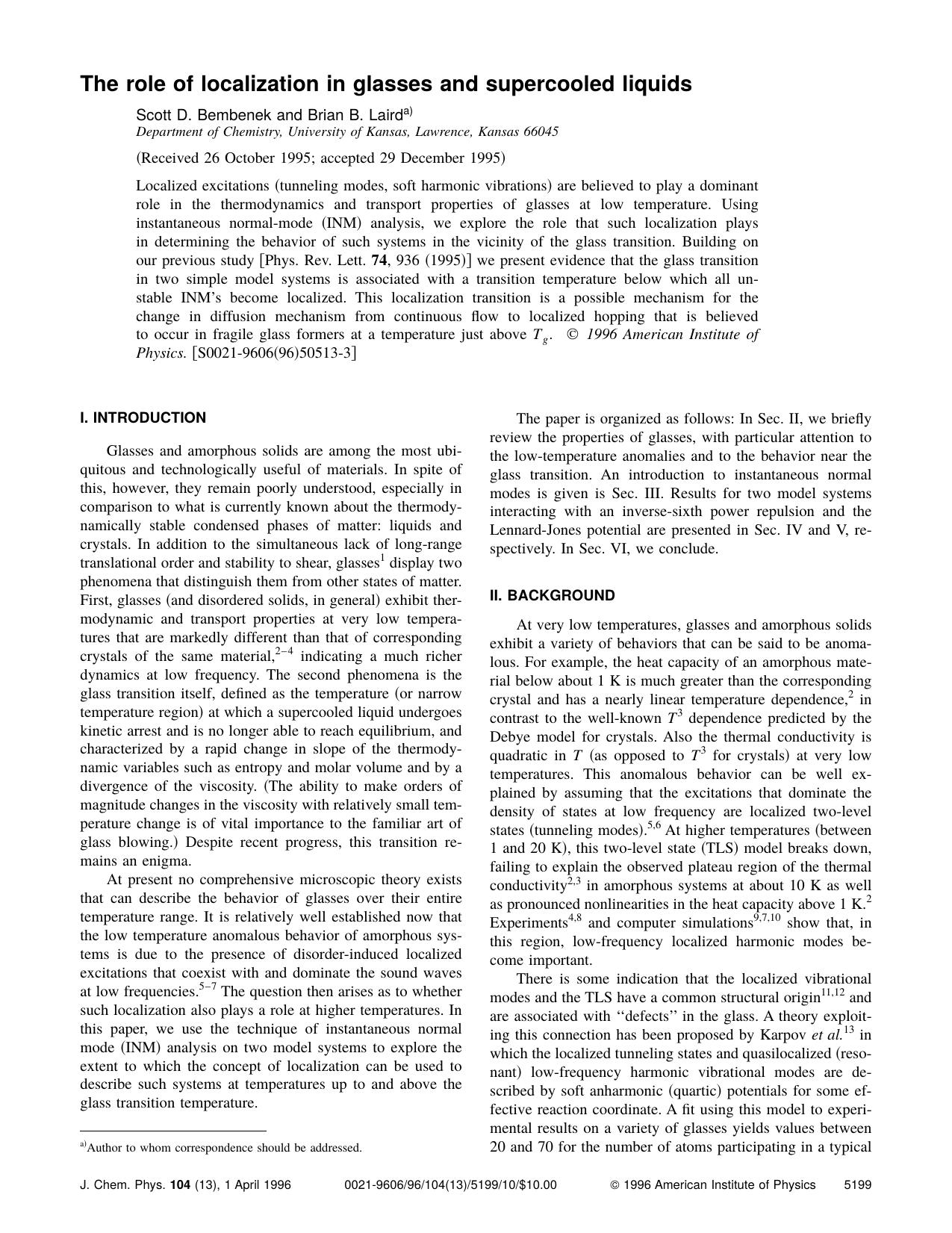 The role of localization in glasses and supercooled liquids by Scott D. Bembenek and Brian B. Laird
