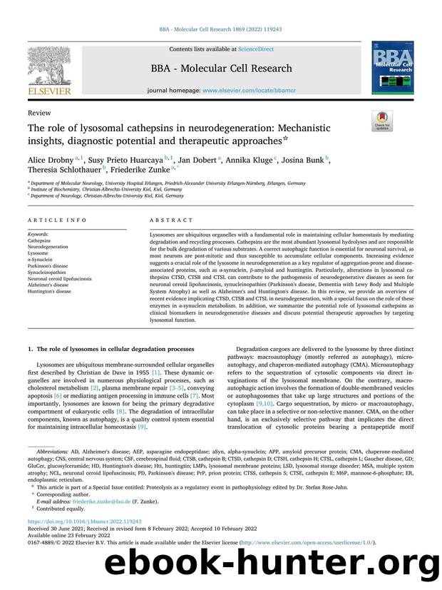 The role of lysosomal cathepsins in neurodegeneration: Mechanistic insights, diagnostic potential and therapeutic approaches by unknow