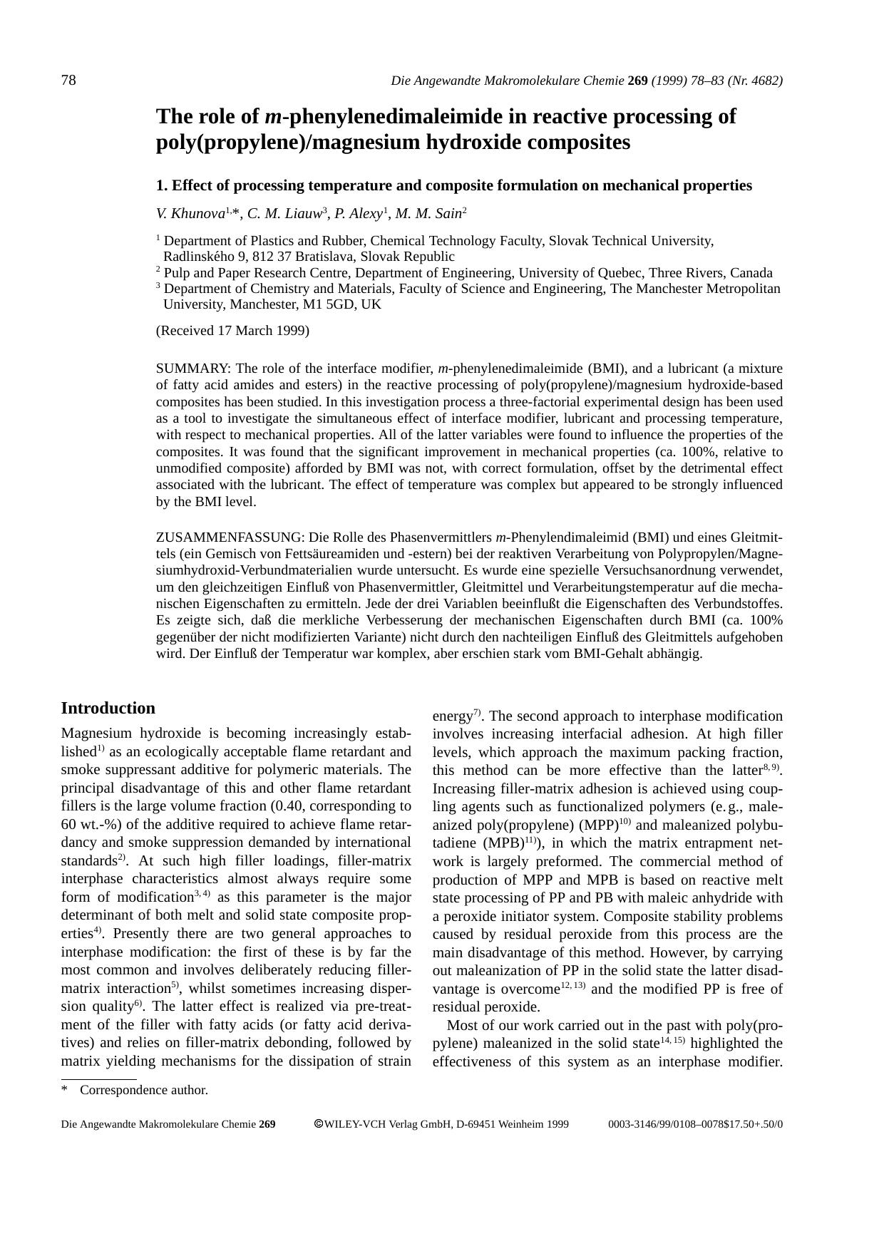 The role of m-phenylenedimaleimide in reactive processing of poly(propylene)magnesium hydroxide composites. 1. Effect of processing temperature and composite formulation on mechanical properties by Unknown