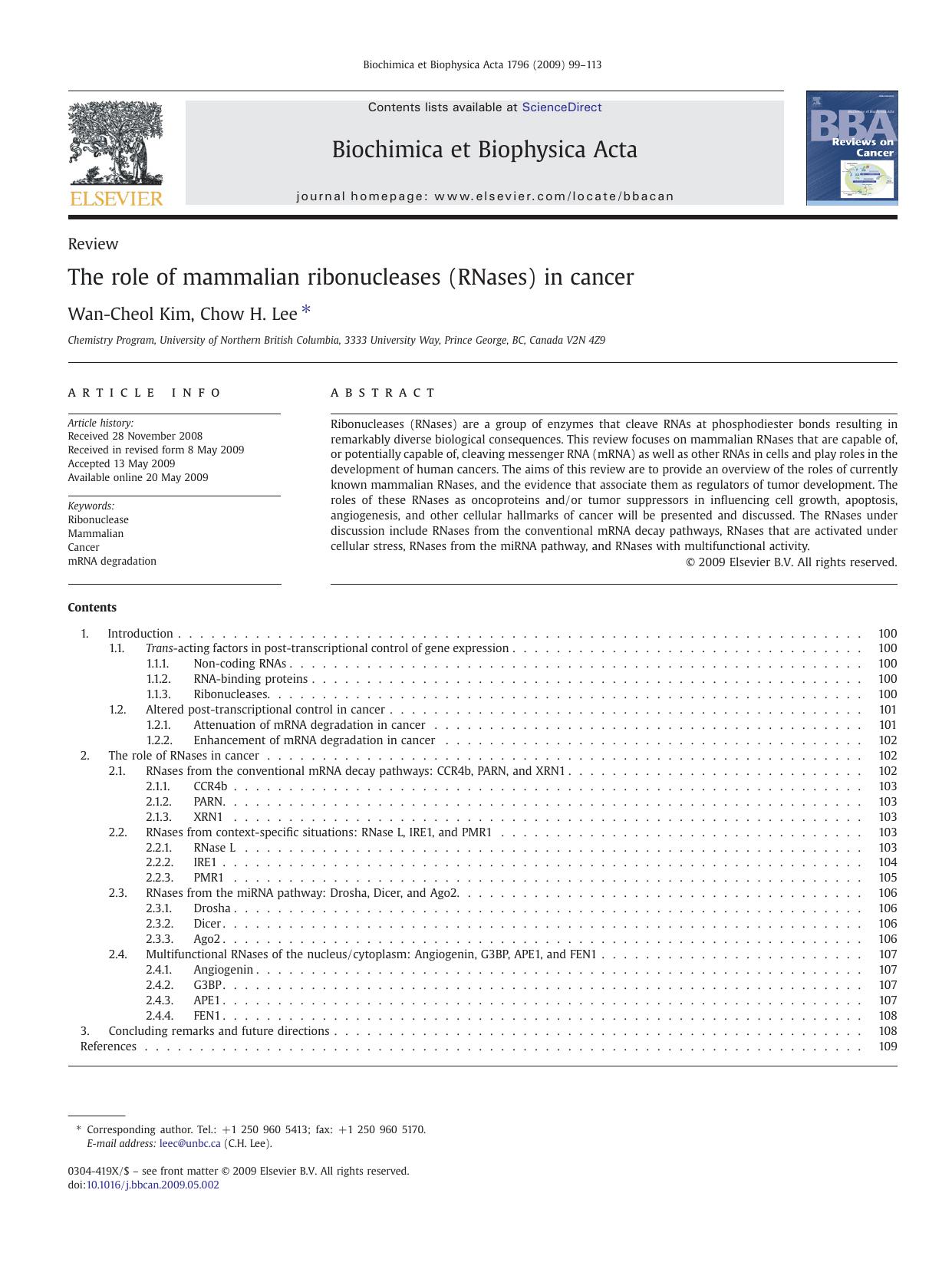 The role of mammalian ribonucleases (RNases) in cancer by Wan-Cheol Kim; Chow H. Lee