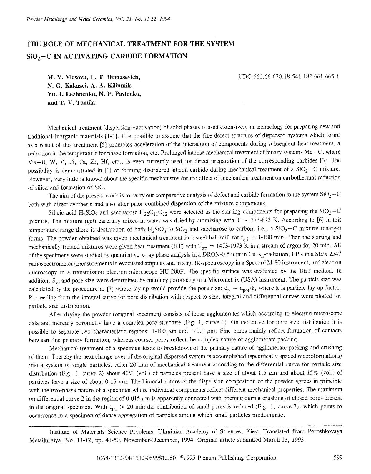 The role of mechanical treatment for the system SiO <Subscript>2 <Subscript>-C in activating carbide formation by Unknown
