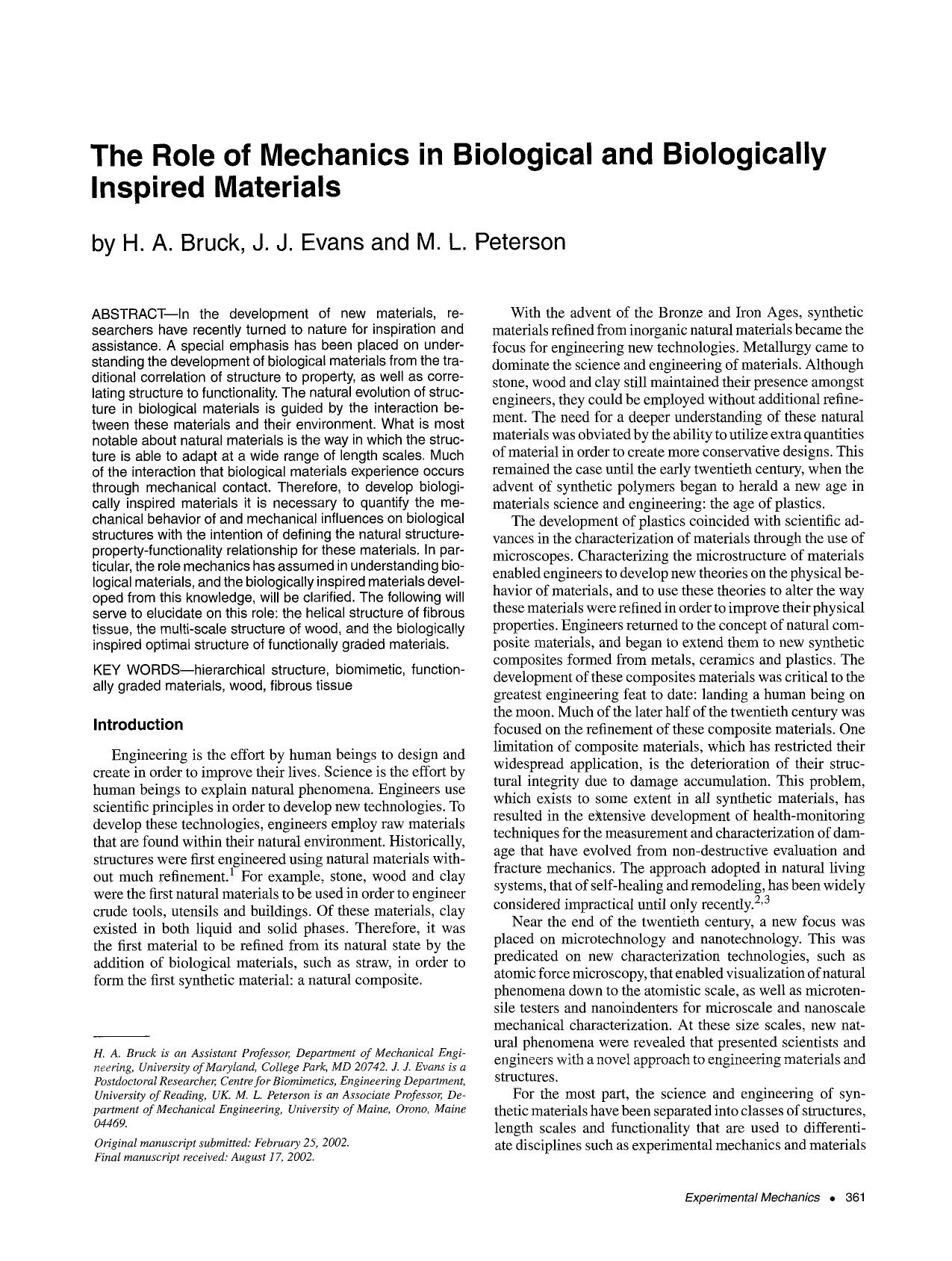 The role of mechanics in biological and biologically inspired materials by Unknown